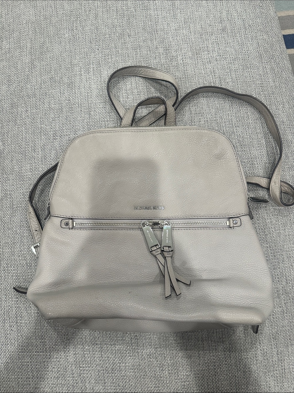 Michael Kors Light Gray Pebbled Leather Backpack with Front Zip
